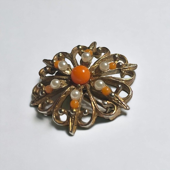 Vintage Antique Gold Tone Starburst Orange Acrylic Stones Faux Pearl Pin Brooch - Picture 3 of 3